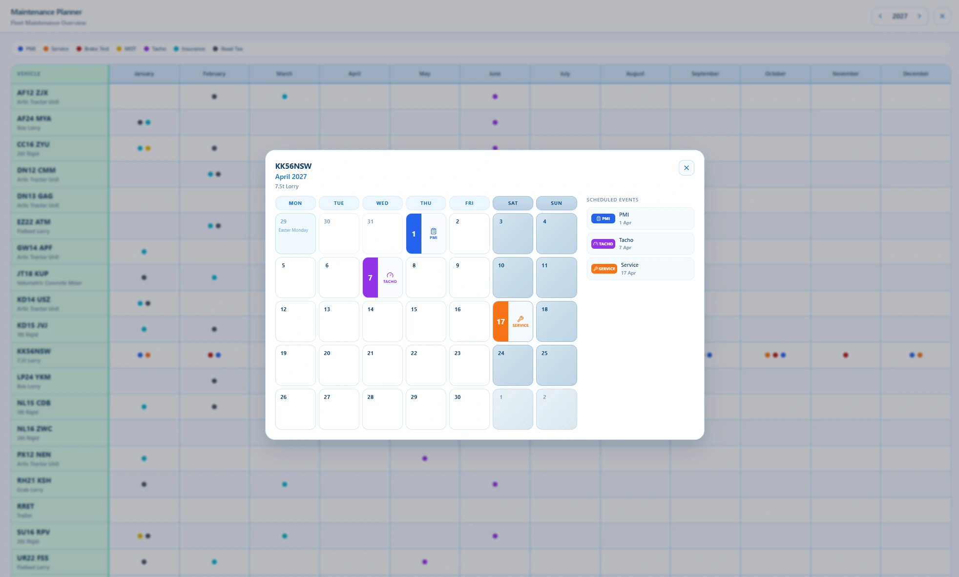 DREVORA Maintenance Planner month detail with PMI, tacho and service events