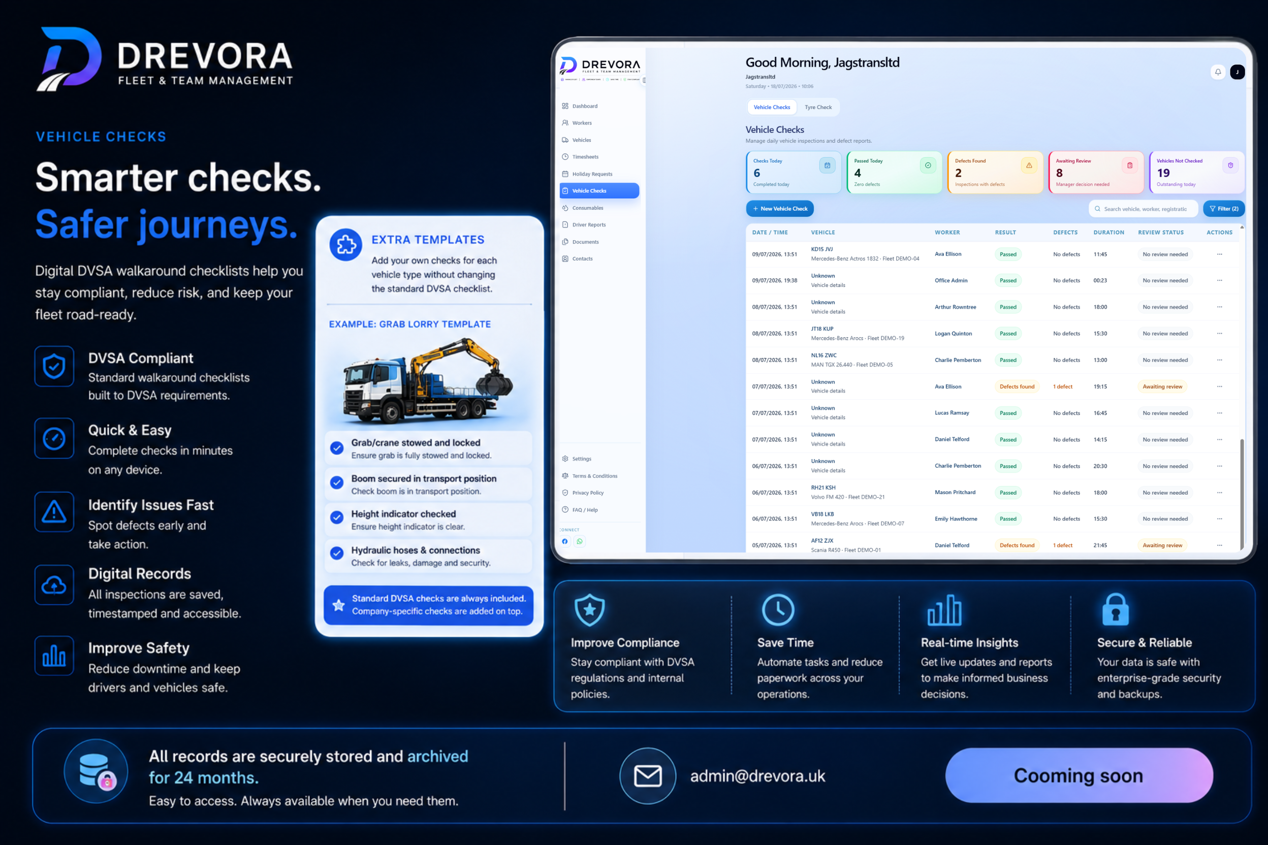 DREVORA Vehicle Checks module with DVSA walkaround results and defect review status